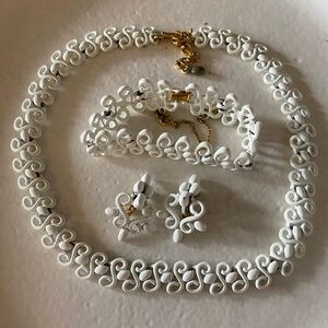 Vintage Monet White Enameled Necklace, Bracelet & Clip-on Earring Set